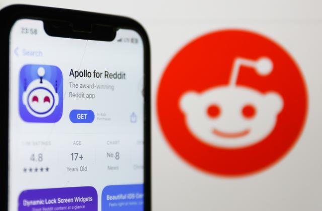 Apollo for Reddit on AppStore displayed on a phone screen and Reddit logo on the website displayed on a screen are seen in this illustration photo taken in Krakow, Poland on June 8, 2023. (Photo by Jakub Porzycki/NurPhoto via Getty Images)