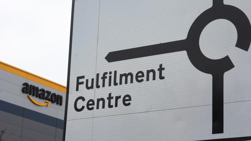 TILBURY, ENGLAND - DECEMBER 16: A road sign shows directions to the Amazon Fulfilment Centre on December 16, 2021 in Tilbury, England. (Photo by John Keeble/Getty Images)