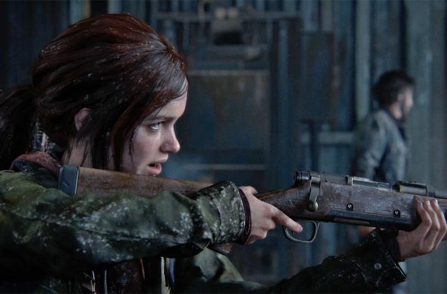 A still image from 'The Last of Us Part I' for PS5 video game showing a young woman aiming a rifle at something outside of our view.