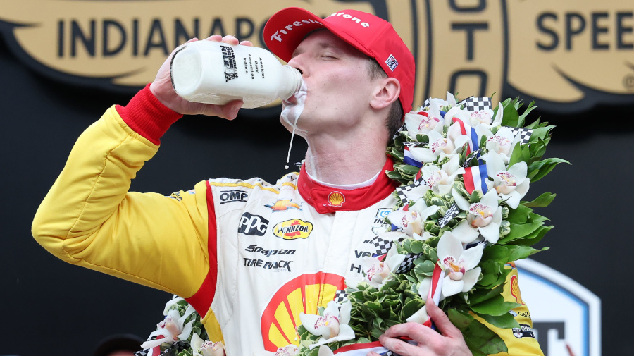 Getty Images - INDIANAPOLIS, INDIANA - MAY 26: Josef Newgarden, driver of the #2 Shell Powering Progress Team Penske, celebrates in Victory Circle after winning the 108th Running of the Indianapolis 500 at Indianapolis Motor Speedway on May 26, 2024 in Indianapolis, Indiana. (Photo by Justin Casterline/Getty Images)