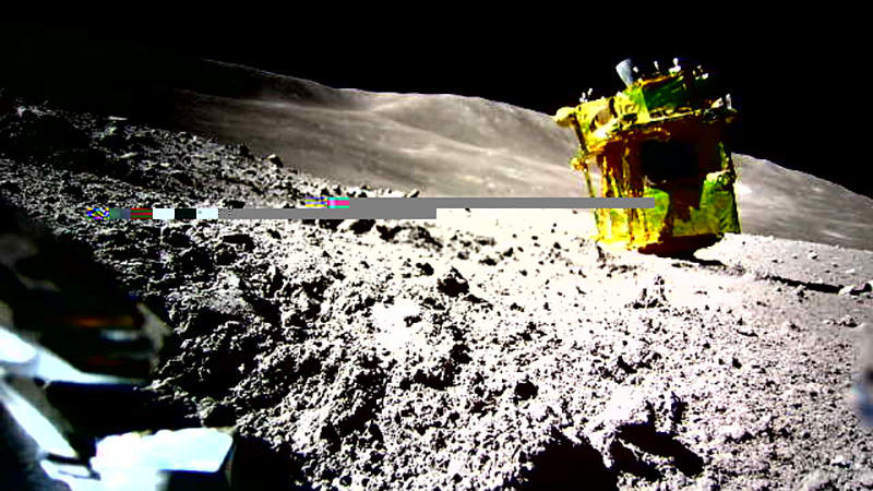 Japan's SLIM lunar lander shown upside down on the Moon's surface.