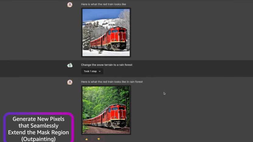 Amazon's Titan Image Generator, showing images of a red train against snowy mountains and a rainforest in separate images.  