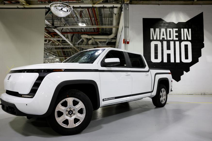 A Lordstown Motors Endurance electric pick-up truck is seen on display at Foxconn's electric vehicle production facility in Lordstown, Ohio, U.S. November 30, 2022. REUTERS/Quinn Glabicki