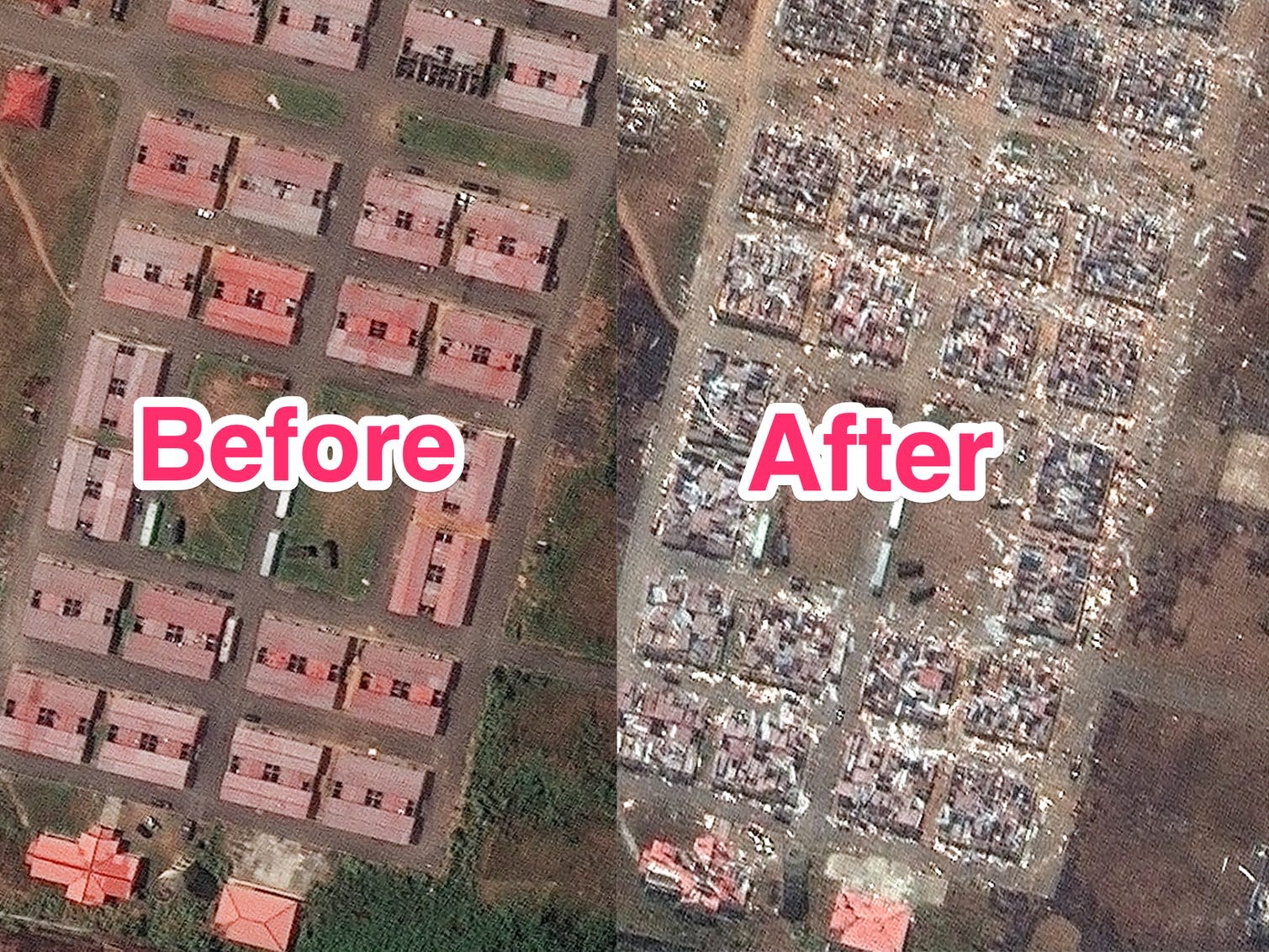 These aerial photos before and after show the devastation left behind by the explosion of the huge military complex in Equatorial Guinea