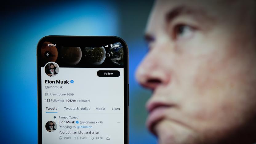 The Twitter profile page belonging to Elon Musk is seen on an Apple iPhone mobile phone in this photo illustration  Warsaw, Poland on 21 September, 2022. Also showing a Tweet by Musk hitting out former US Secretary of Labor Rovert Reich over emeral mine accusations. (Photo by STR/NurPhoto via Getty Images)