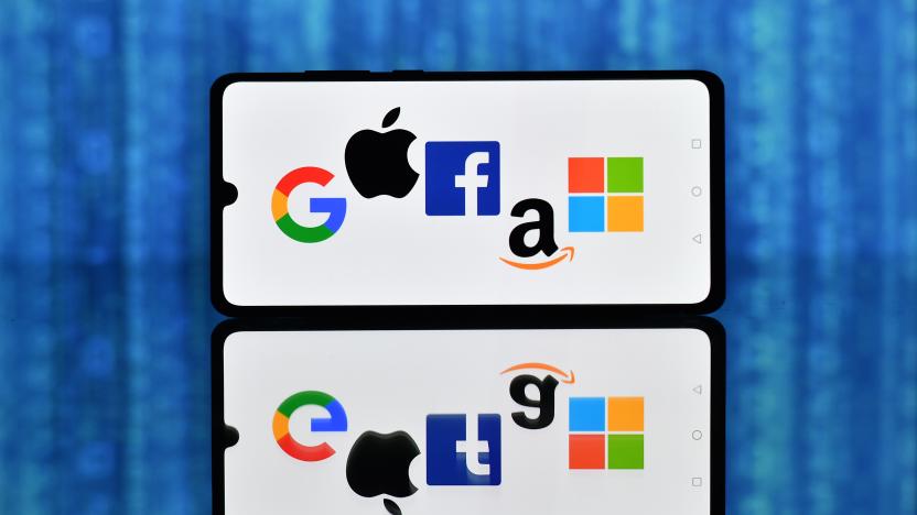 An illustration picture taken in London on December 18, 2020 shows the logos of Google, Apple, Facebook, Amazon and Microsoft displayed on a mobile phone. - Accelerating the transition to an ever more digital life, the coronavirus pandemic has tightened tech giants' grip on billions of customers' lives. (Photo by JUSTIN TALLIS / AFP) (Photo by JUSTIN TALLIS/AFP via Getty Images)