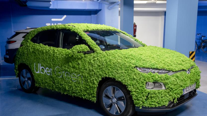 CEUTA, SPAIN - JANUARY 14: The vehicle promoting Uber Green, at the presentation of Uber Green, at Uber's headquarters, on 14 January, 2022 in Madrid, Spain. Uber Green is the 100% electric transportation service that the company is launching in the region. These vehicles are zero emissions and with this project, the company aims for 50% of the kilometers traveled in seven European cities, including Madrid, to be 100% zero emissions by 2025. (Photo By A. Perez Meca/Europa Press via Getty Images)