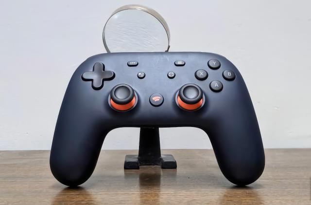 Photo of the Stadia controller, propped up on a table