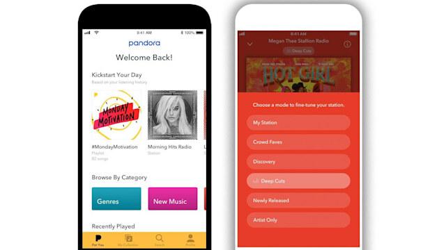 View of the Pandora app, modes on a phone.