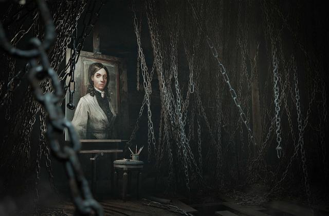 In this still image from the game ‘Layers of Fear’, there's a framed portrait of a woman on an easel in a hallway that's full of hanging chains.