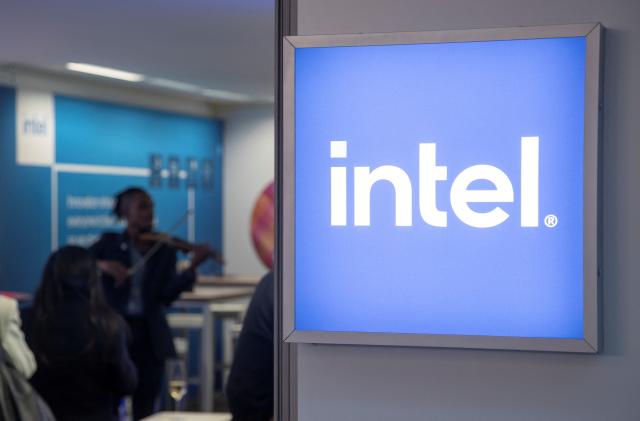 The Intel Corporation logo is seen at a temporary office during the World Economic Forum 2022 (WEF) in the Alpine resort of Davos, Switzerland May 25, 2022. REUTERS/Arnd Wiegmann