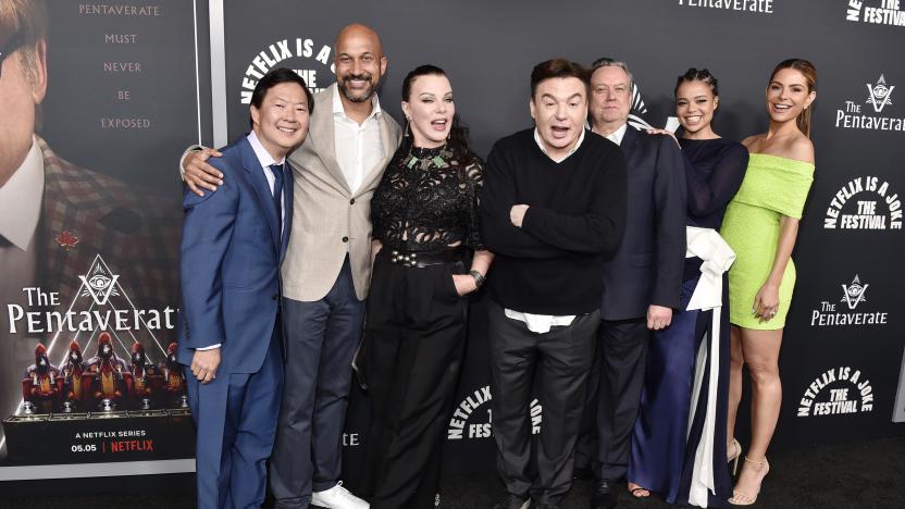 LOS ANGELES, CALIFORNIA - MAY 04: (L-R) Ken Jeong, Keegan-Michael Key, Debi Mazar, Mike Myers, Richard McCabe, Lydia West and Maria Menounos attend Netflix's "The Pentaverate" after party at Liaison on May 04, 2022 in Los Angeles, California. (Photo by Rodin Eckenroth/Getty Images)