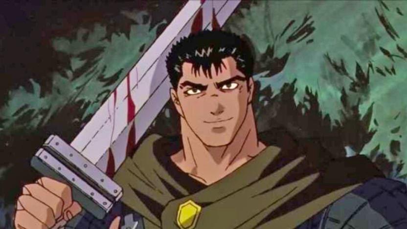 A closeup of Beserk anime character protagonist, Guts, who's holding a sword.