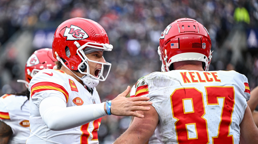 Getty Images - Kansas City Chiefs quarterback Patrick Mahomes (15) celebrates with tight end Travis Kelce (87) after Kelce pulled in a catch for touchdown in the first quarter against the Baltimore Ravens Sunday, Jan. 28, 2024, during the AFC Championship Game in Baltimore. (Emily Curiel/The Kansas City Star/Tribune News Service via Getty Images)