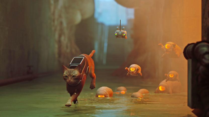 A still from the video game 'Stray' showing a cat in a sewer being followed by weird small alien turtle-like creatures.