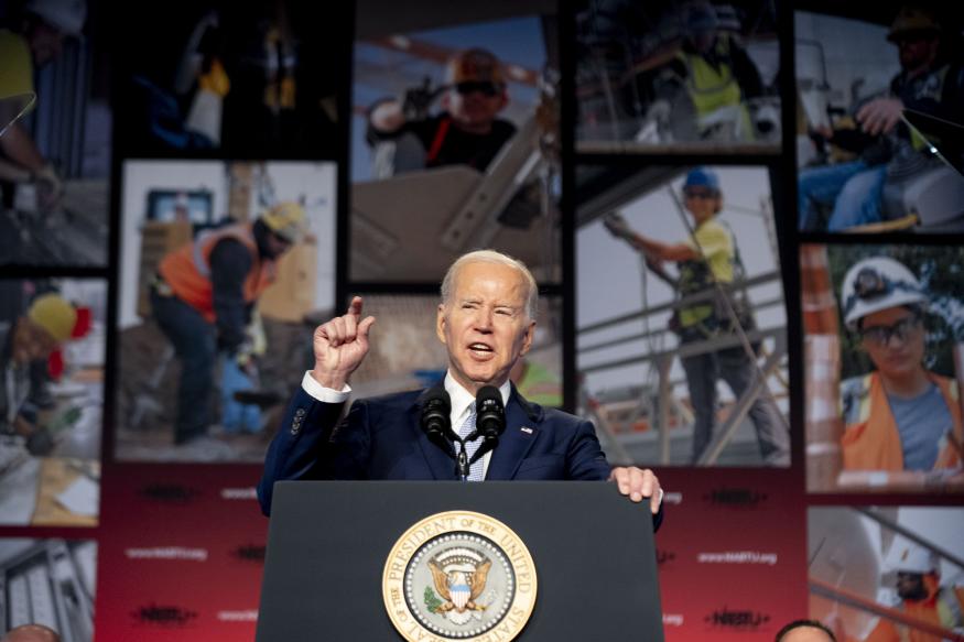 President Joe Biden speaks at the North America's Building Trades Union National Legislative Conference at the Washington Hilton in Washington, Tuesday, April 25, 2023. (AP Photo/Andrew Harnik)