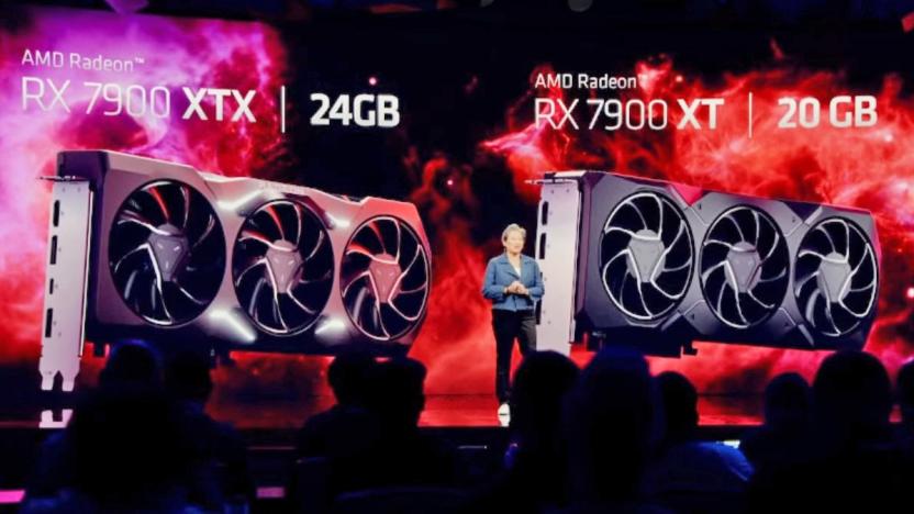 A shot of the stage presenting the launch of the AMD Radeon RX 7900 XTX and 7900 XT with the products on screen behind the presenter.