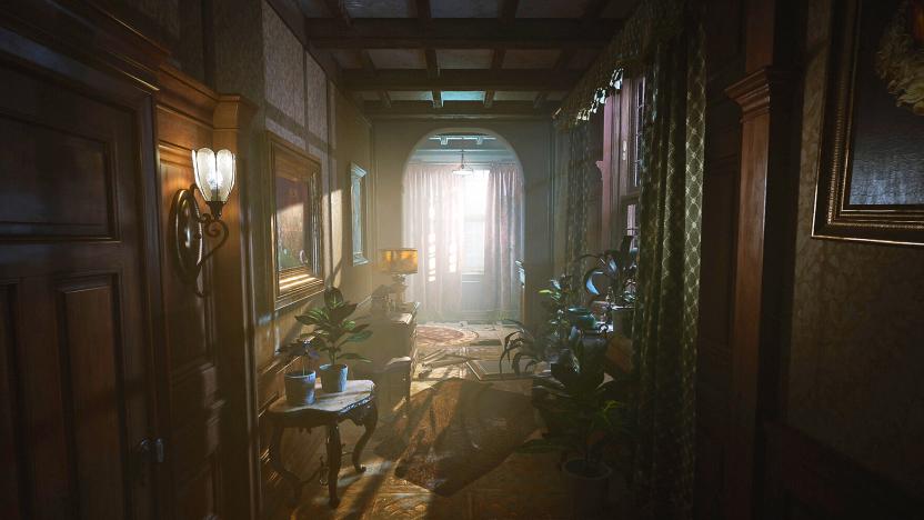 A screenshot from the video game 'Layers of Fear' showing a creepy hallway at dusk with light streaming through a window at the end of it.