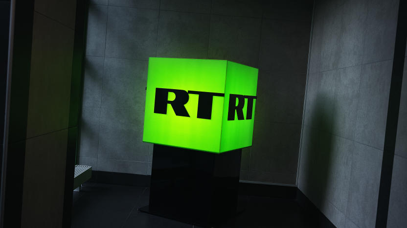 MOSCOW, RUSSIA - DECEMBER 06: (EDITORS NOTE: Image has been reviewed by RT prior to transmission.) The RT logo displayed in its office on December 6, 2019 in Moscow, Russia. RT, formerly known as Russia Today, is a state-funded TV network that produces news content in English and several other languages. The network insists it is no different from other global broadcasters, like the BBC, albeit one that offers alternative views to the mainstream Western media. Western governments, however, see the network as an instrument of the Russian government. (Photo by Misha Friedman/Getty Images)