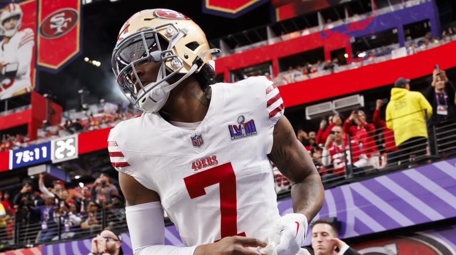 Getty Images - LAS VEGAS, NEVADA - FEBRUARY 11: Charvarius Ward #7 of the San Francisco 49ers runs onto the field during pregame warmups before Super Bowl LVIII against the Kansas City Chiefs at Allegiant Stadium on February 11, 2024 in Las Vegas, Nevada. (Photo by Ryan Kang/Getty Images)