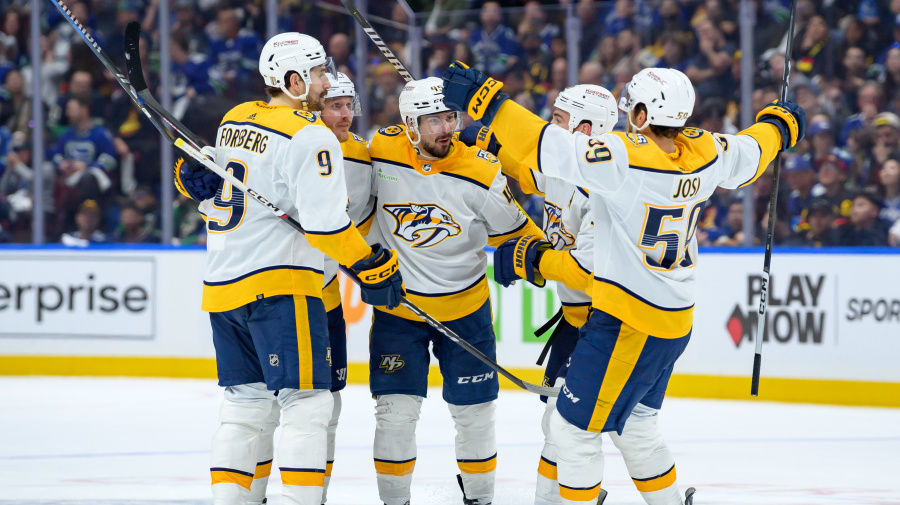 Getty Images - VANCOUVER, CANADA - APRIL 30: Alexandre Carrier #45 of the Nashville Predators is congratulated after scoring a goal against the Vancouver Canucks during the third period in Game Five of the First Round of the 2024 Stanley Cup Playoffs at Rogers Arena on April 30, 2024 in Vancouver, British Columbia, Canada. (Photo by Derek Cain/Getty Images)