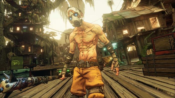 A masked, shirtless character wields a spiked club in Borderlands 3.