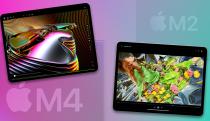Colorful graphic showing two iPads in front of a gradient background. Faded "M4" (left) and "M2" (right) overlaid.