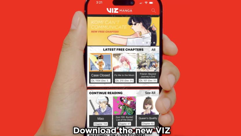 A promo photo of the new VIZ Manga service, showing its interface on a phone held up by a hand against a red background.