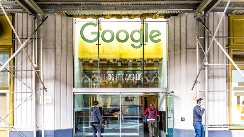 New York City, USA - October 30, 2017: Google company office green sign in downtown lower Chelsea neighborhood district Manhattan NYC, people entering, exiting doors entrance