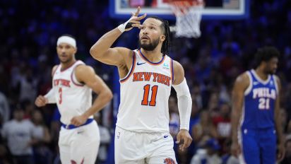 Associated Press - New York Knicks' Jalen Brunson reacts during the second half of Game 6 in an NBA basketball first-round playoff series against the Philadelphia 76ers, Thursday, May 2, 2024, in Philadelphia. (AP Photo/Matt Slocum)