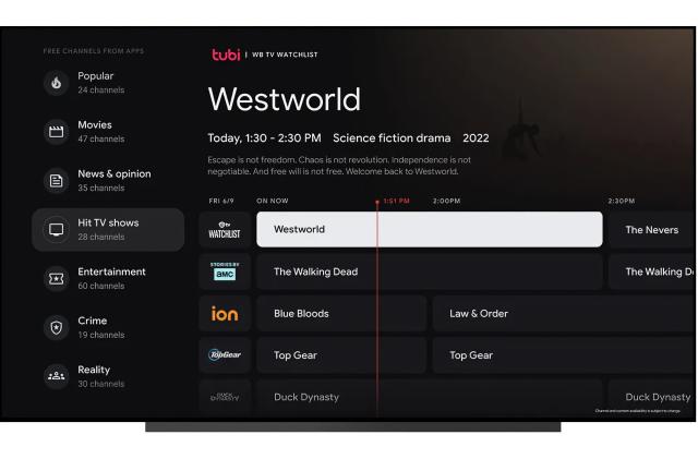 A channel guide (similar to the TV Guide channel) on Google TV, with categories on the left and content on the right. "Westworld" is highlighted.