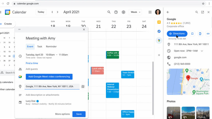 Google Maps side panel in Calendar on Workspace