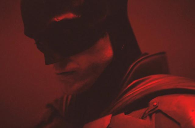 A dark black and red profile photo of Pattinson's The Batman.