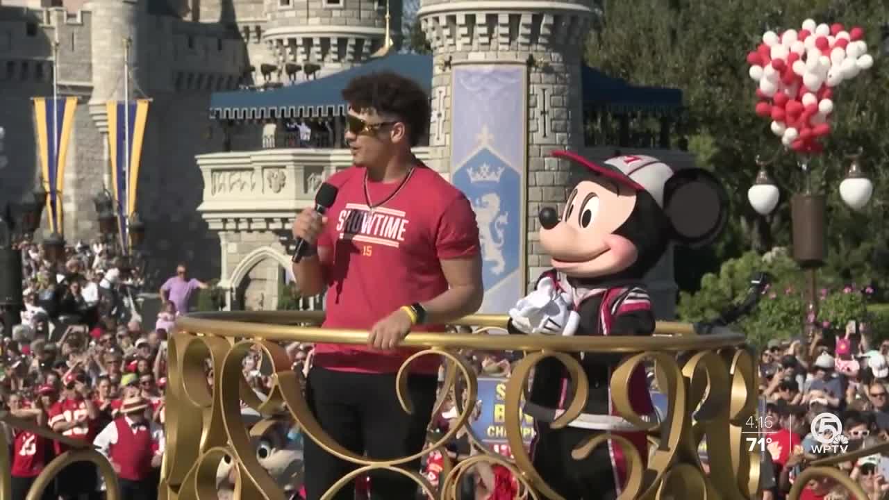 Patrick Mahomes takes part in Super Bowl victory parade at Walt Disney