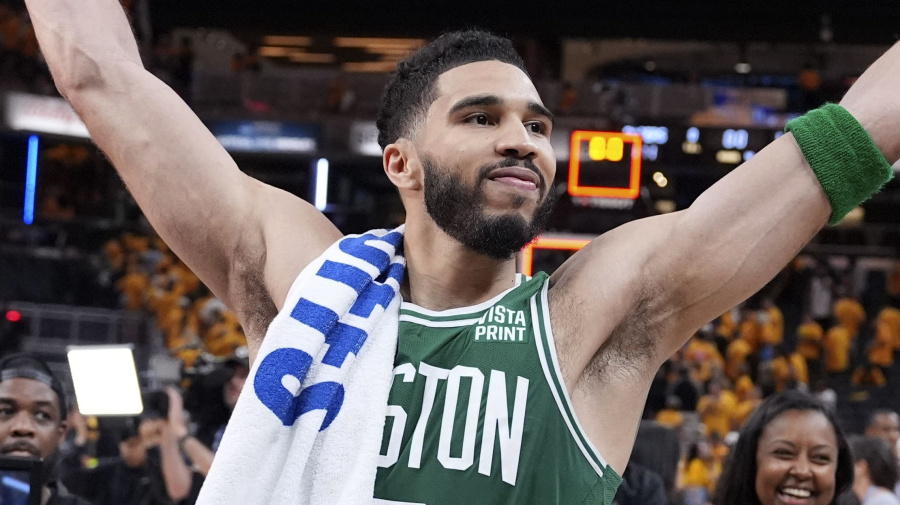 Associated Press - Boston Celtics forward Jayson Tatum celebrates after Game 3 of the NBA Eastern Conference basketball finals against the Indiana Pacers, Saturday, May 25, 2024, in Indianapolis. The Celtics won 114-111.(AP Photo/Michael Conroy)