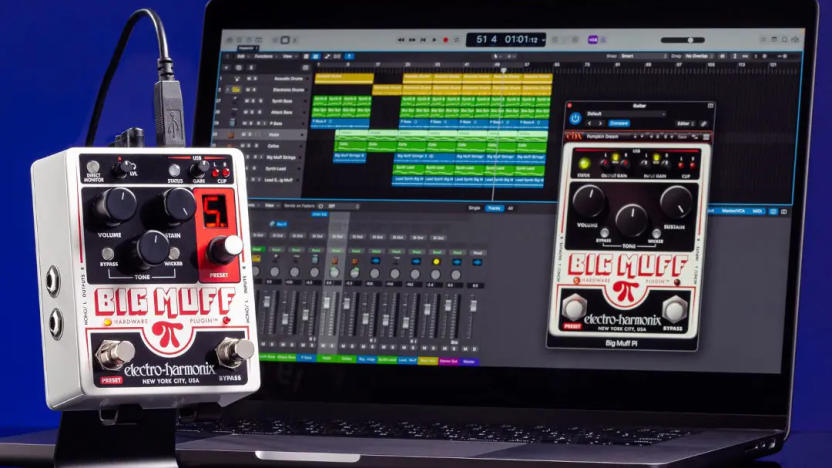 Big Muff Pi Hardware Plugin and a DAW displayed on a laptop.