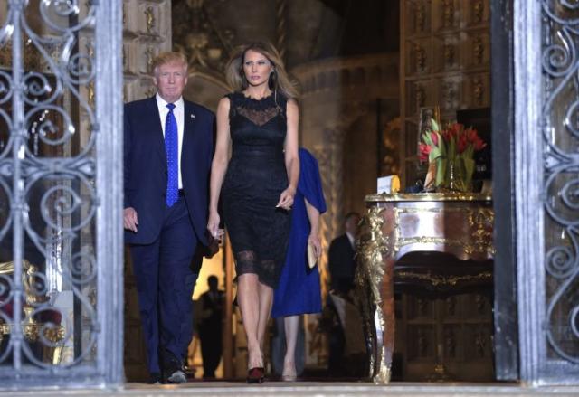 Melania Trump wore a black dress to dinner at Mar-a-Lago in Palm Beach, Fla., Saturday, Feb. 11, 2017. Photo: AP/Susan Walsh