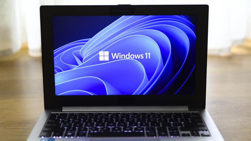 Windows 11 operating system logo is displayed on a laptop screen for illustration photo. Gliwice, Poland on January 23, 2022. (Photo by Beata Zawrzel/NurPhoto via Getty Images)