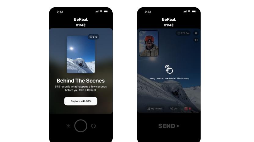 Two screenshots (side by side) showcasing BeReal’s new Behind the Scenes feature. The left image prompts the user to capture a video with a description. The image on the right guides users to long-press on the screen to watch the clip.