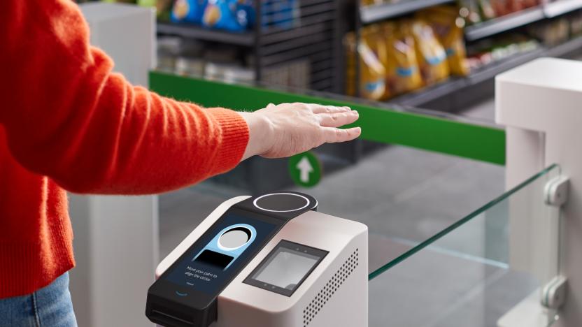 A photo showing a person scanning their palm on an Amazon One terminal to enter a Go cashierless store.