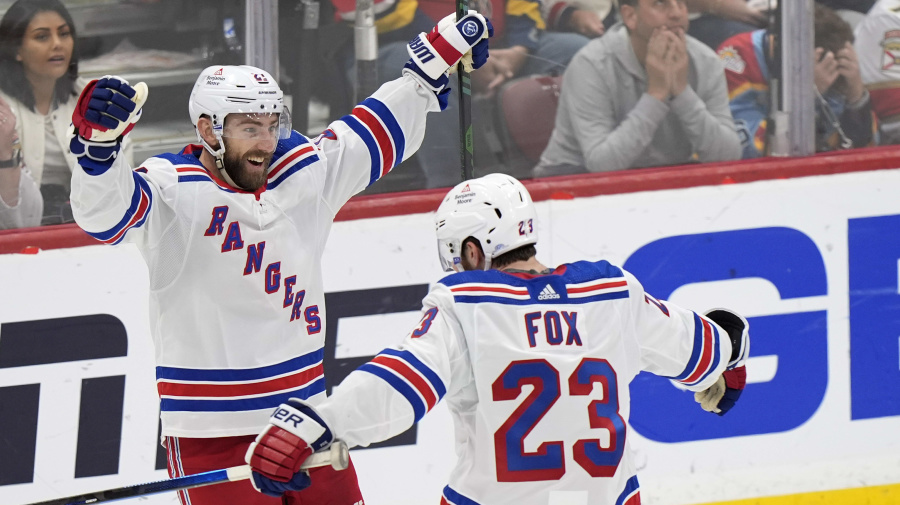 Associated Press - New York Rangers center Barclay Goodrow, left, celebrates his goal with defenseman Adam Fox (23) in the second period of Game 3 during the Eastern Conference finals of the NHL hockey Stanley Cup playoffs against the Florida Panthers, Sunday, May 26, 2024, in Sunrise, Fla. (AP Photo/Wilfredo Lee)