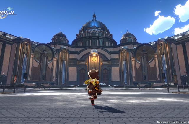 Gameplay screenshot from upcoming fantasy RPG ‘Honkai: Star Rail.’ The protagonist (viewed from behind) is running toward a majestic-looking building under a blue sky.