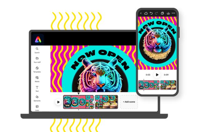 Image of a laptop and smartphone, showing Adobe Express generative AI features being used to create a video including an image reading "Now Open."
.