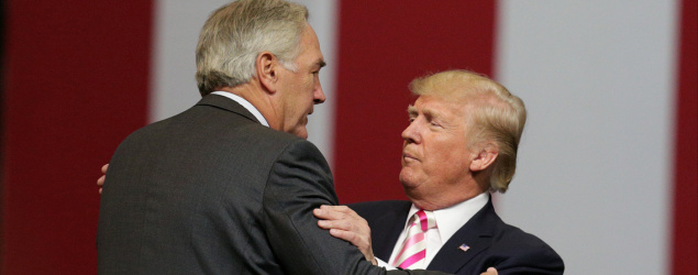 President Trump and Sen. Luther Strange embrace after Trumps's speech at a rally for Strange in Huntsville, Alabama. (Reuters)