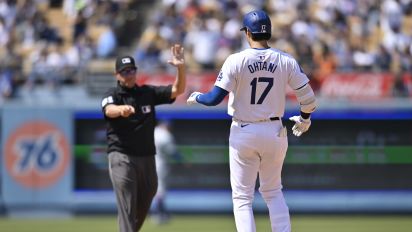 Getty Images - LOS ANGELES, CALIFORNIA - APRIL 20: Shohei Ohtani #17 of the Los Angeles Dodgers runs to second base after hitting a double against thethe New York Mets at Dodger Stadium on April 20, 2024 in Los Angeles, California. (Photo by John McCoy/Getty Images)
