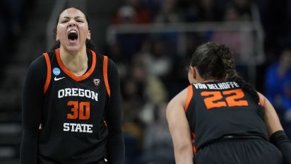 Associated Press - Oregon State forward Timea Gardiner (30) reacts after scoring against the Notre Dame during the third quarter of a Sweet Sixteen round college basketball game during the NCAA Tournament, Friday, March 29, 2024, in Albany, N.Y. (AP Photo/Mary Altaffer)