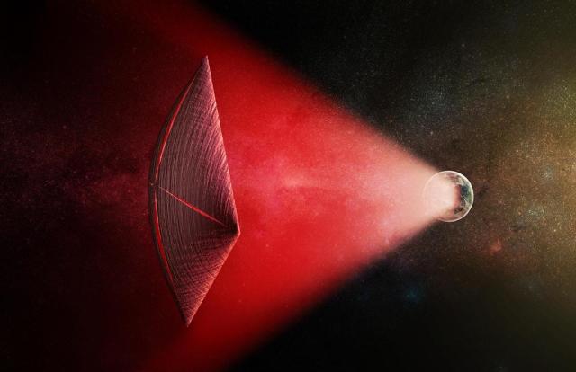 Artist’s impression of a light-sail powered by a radio beam generated on the surface of a planet. Leakage from such beams could explain fast radio bursts (M.Weiss/CfA)