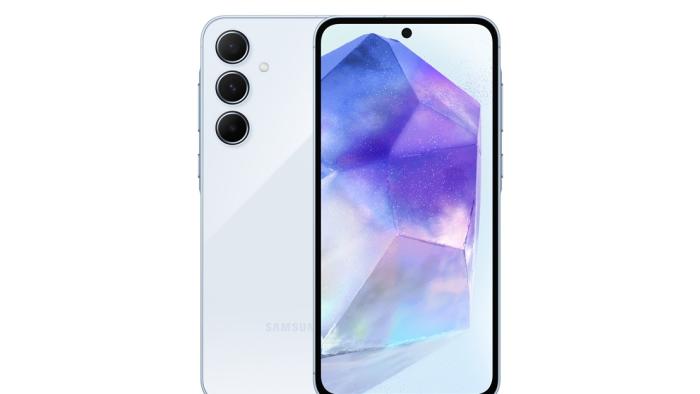 Press image of the midrange Samsung Galaxy A55 smartphone. The phone shows its front (with purple / blue wallpaper) and part of its back directly behind it. White background.