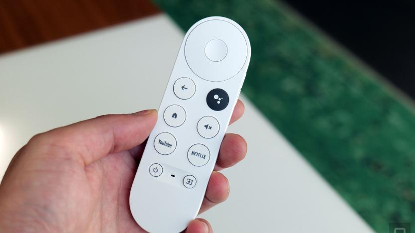 The Chromecast with Google TV's remote is very compact and features a side-mounted volume rocker similar to a smartphone.