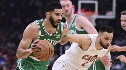 Associated Press - Boston Celtics forward Jayson Tatum (0) goes to the basket against Cleveland Cavaliers guard Max Strus (1) during the first half of Game 4 of an NBA basketball second-round playoff series Monday, May 11, 2024, in Cleveland. (AP Photo/David Dermer)